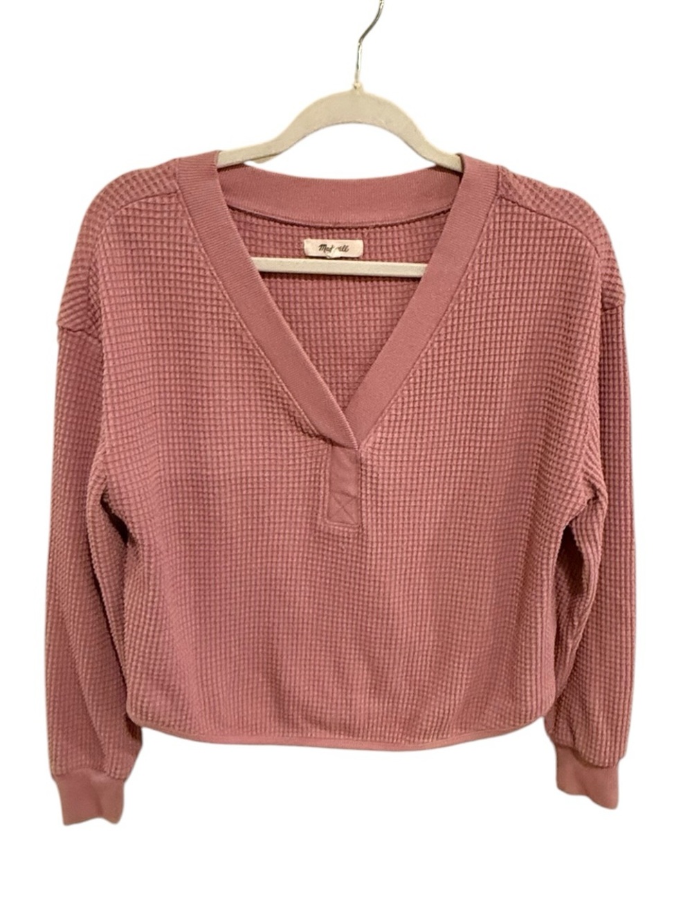 Madewell Cotton Blend Waffle Knit V-Neck Sweater — Mauve Pink - Size Small